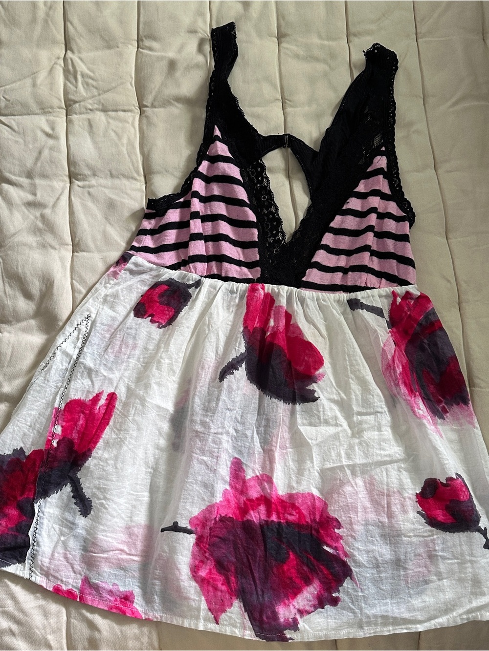 Free People Pink & White Floral Lace-Trim Chemise
